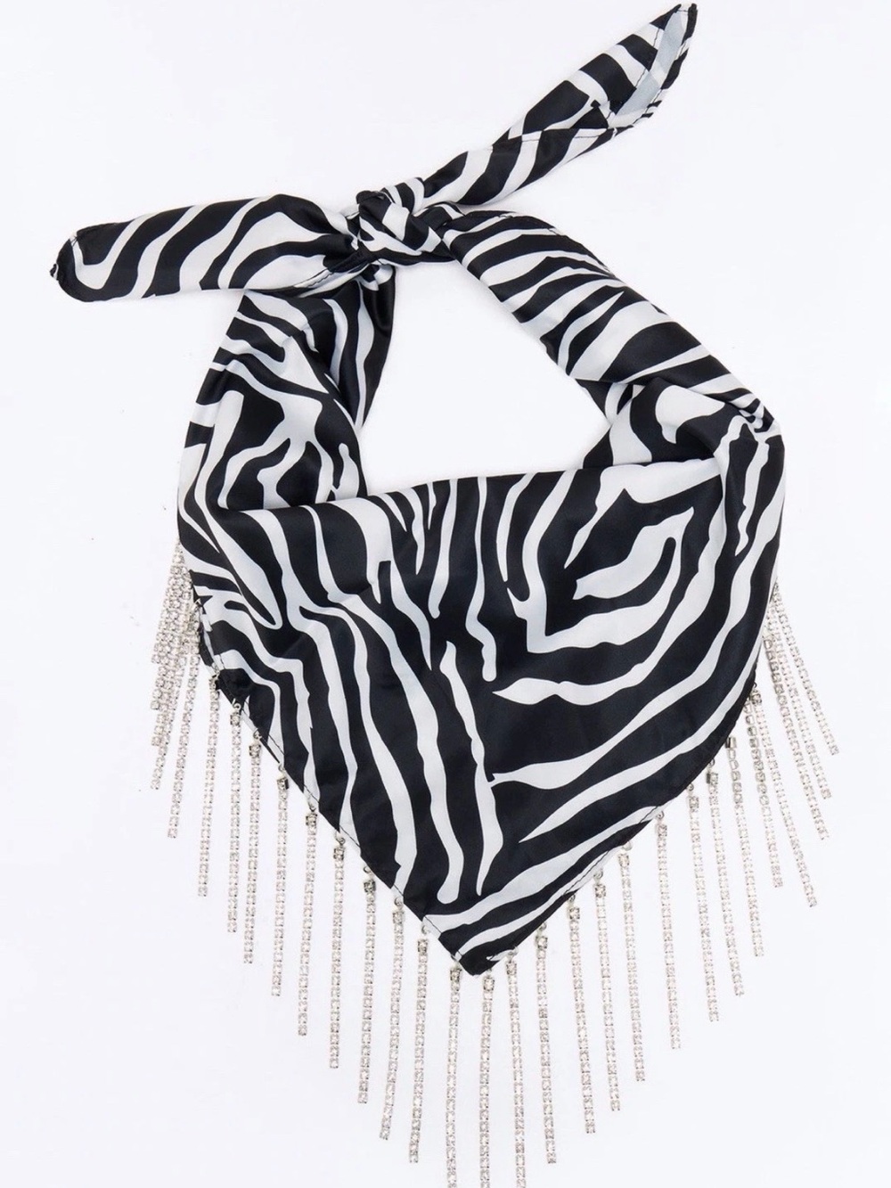 Zebra Print Rhinestone Fringe Bandana Scarf - Black & White